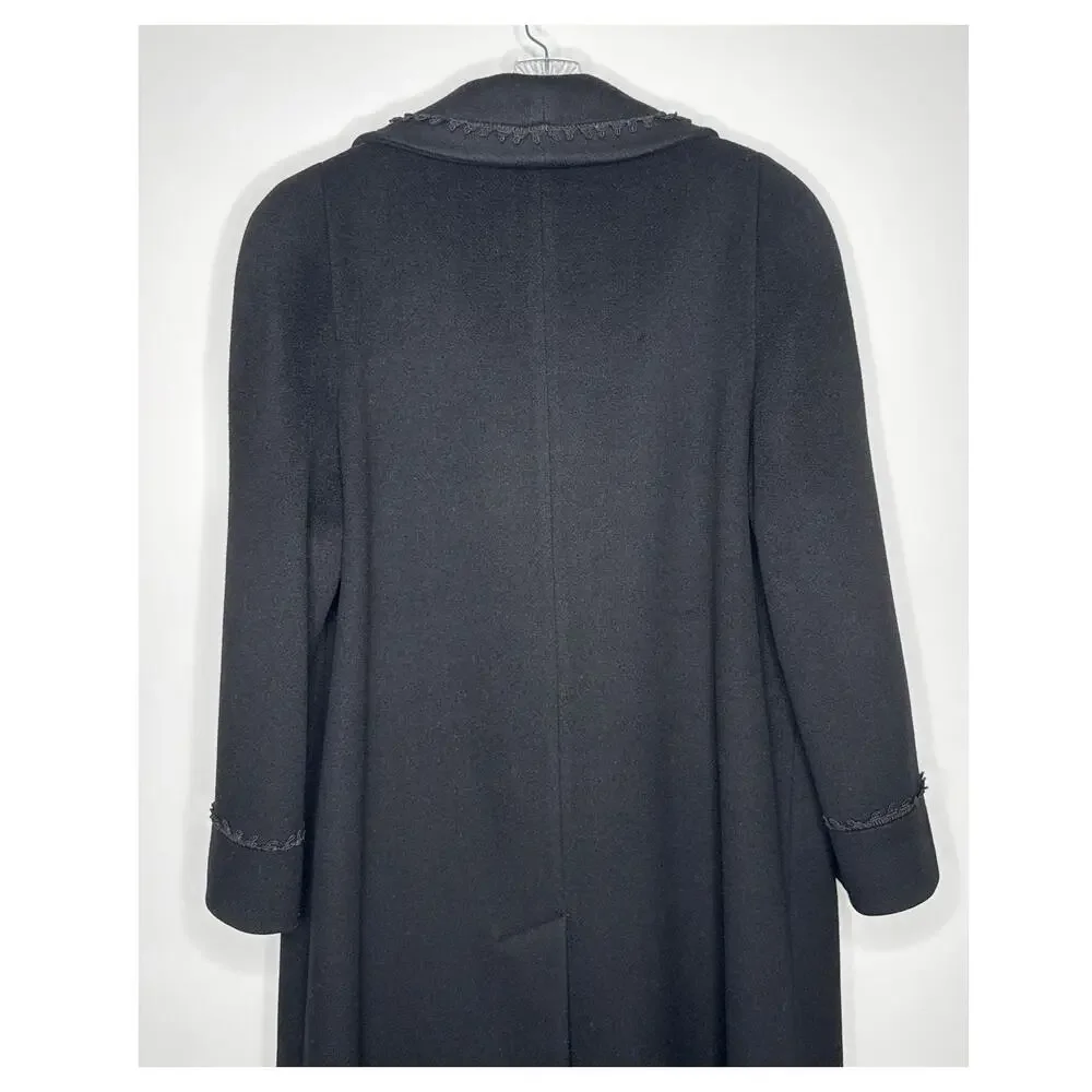 VTG Alorna Black Wool Coat Forstmann Trimmed Shawl Collar double breasted USA M